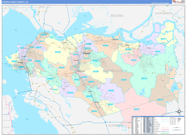 Contra Costa County, CA Wall Map Color Cast Style